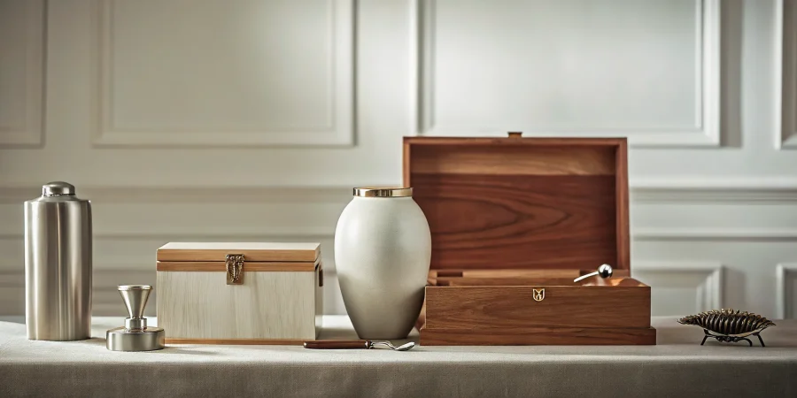 A collection of funeral home supplies including a cremation urn and memorial boxes.