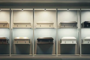 A two-tier casket display rack with various caskets on display in a showroom.