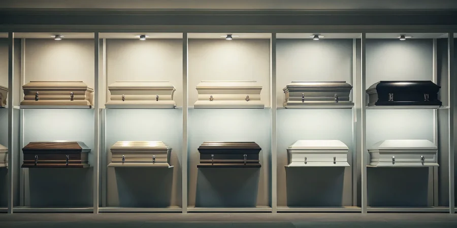 A two-tier casket display rack with various caskets on display in a showroom.