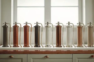 Various models of modern embalming machines for sale displayed on a counter.