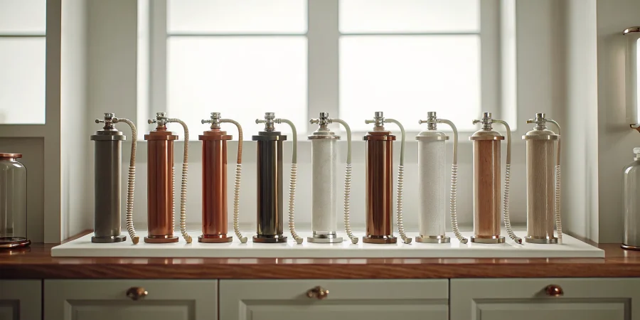 Various models of modern embalming machines for sale displayed on a counter.