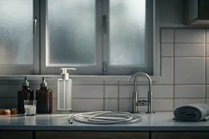 Essential embalming instruments and chemicals on a preparation table.