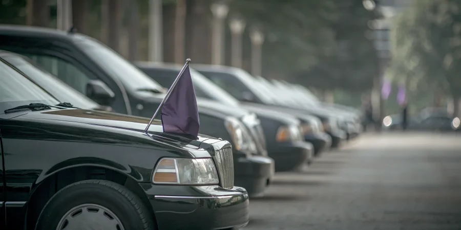 Row of black cars in a funeral procession with purple flags on their hoods.