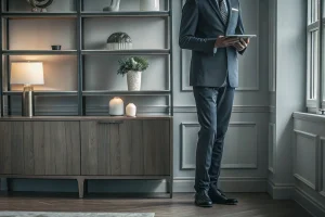 Funeral director in a modern office using a tablet to coordinate funeral arrangements.