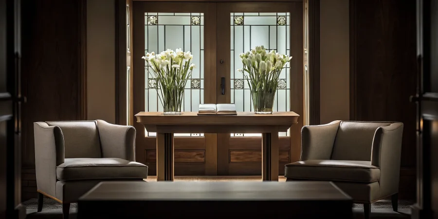 A modern mortuary viewing room offering a peaceful space for memorial services.