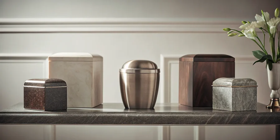 Cremation urns and vaults in various materials, showing different price options.