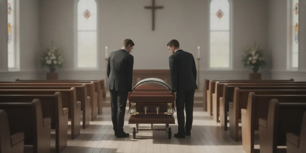 Funeral home staff guiding a covered casket through a chapel with transport equipment
