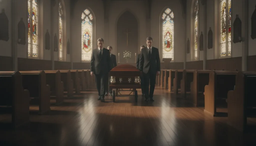 Funeral professionals guiding a casket carriage through a chapel