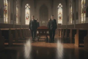 Funeral professionals guiding a casket carriage through a chapel