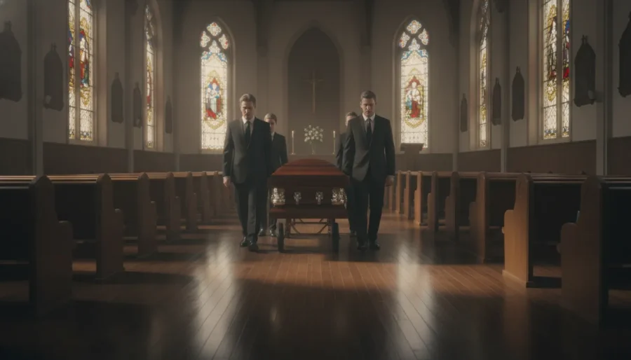 Funeral professionals guiding a casket carriage through a chapel