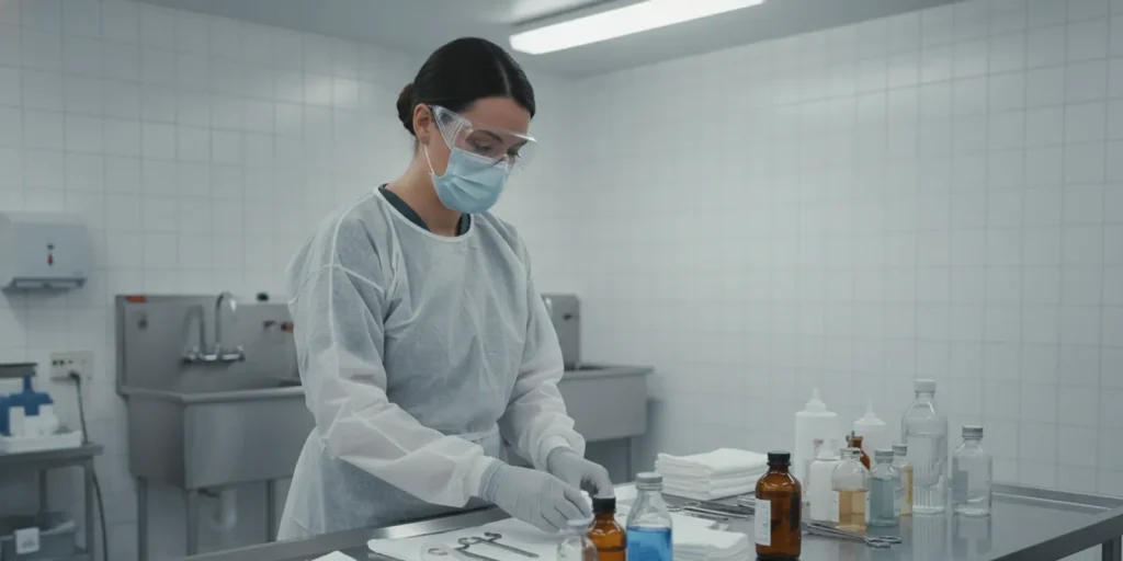Funeral home preparation room worker wearing sealed chemical splash goggles while handling supplies