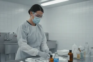 Funeral home preparation room worker wearing sealed chemical splash goggles while handling supplies