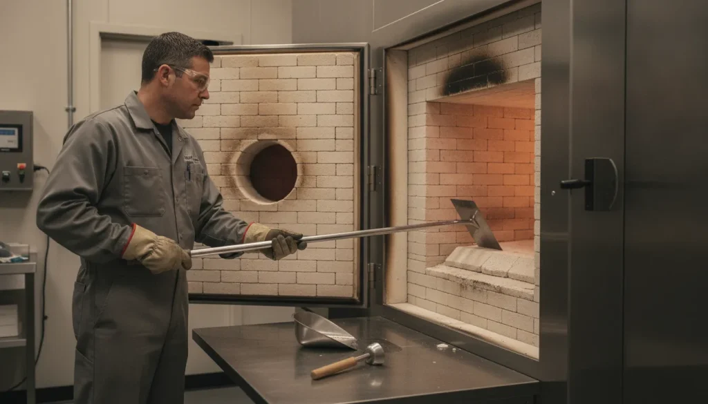 Operator performing cremation chamber cleaning after cool-down