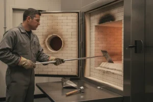 Operator performing cremation chamber cleaning after cool-down