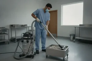 Crematory operator using a vacuum system to collect cooled cremation residue
