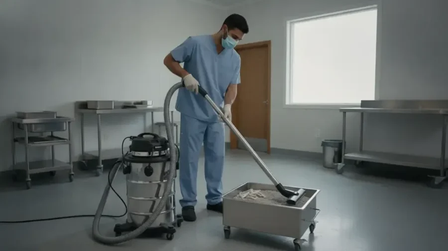 Crematory operator using a vacuum system to collect cooled cremation residue