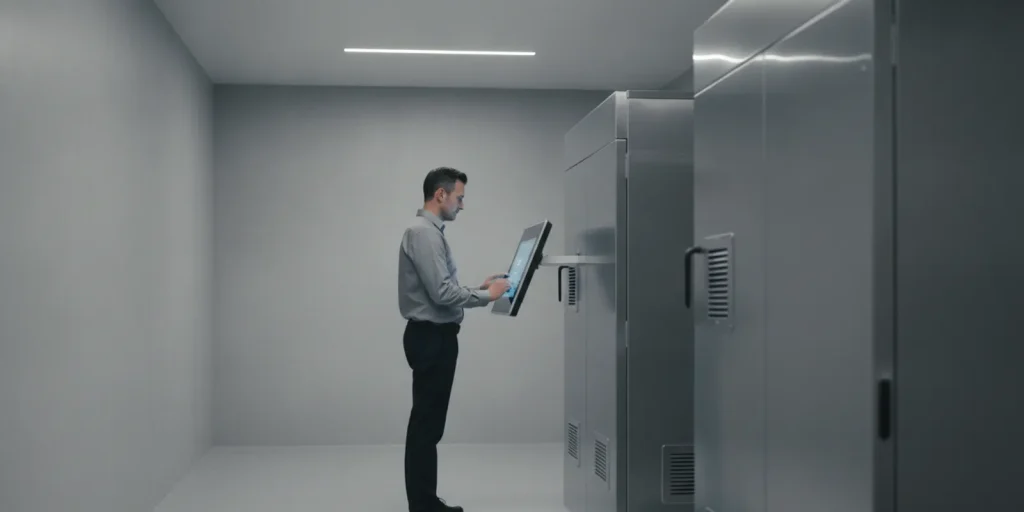 Crematory operator reviewing a control panel beside a modern cremation chamber