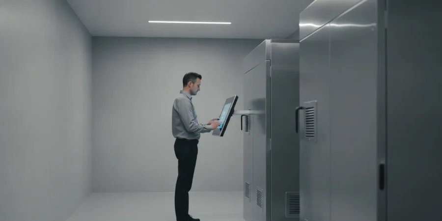 Crematory operator reviewing a control panel beside a modern cremation chamber