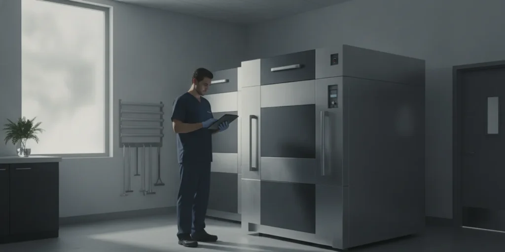 Crematory operator reviewing safety procedures beside cremation equipment