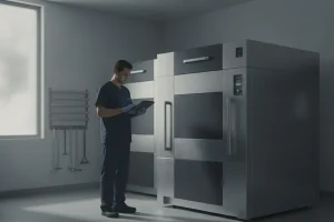 Crematory operator reviewing safety procedures beside cremation equipment