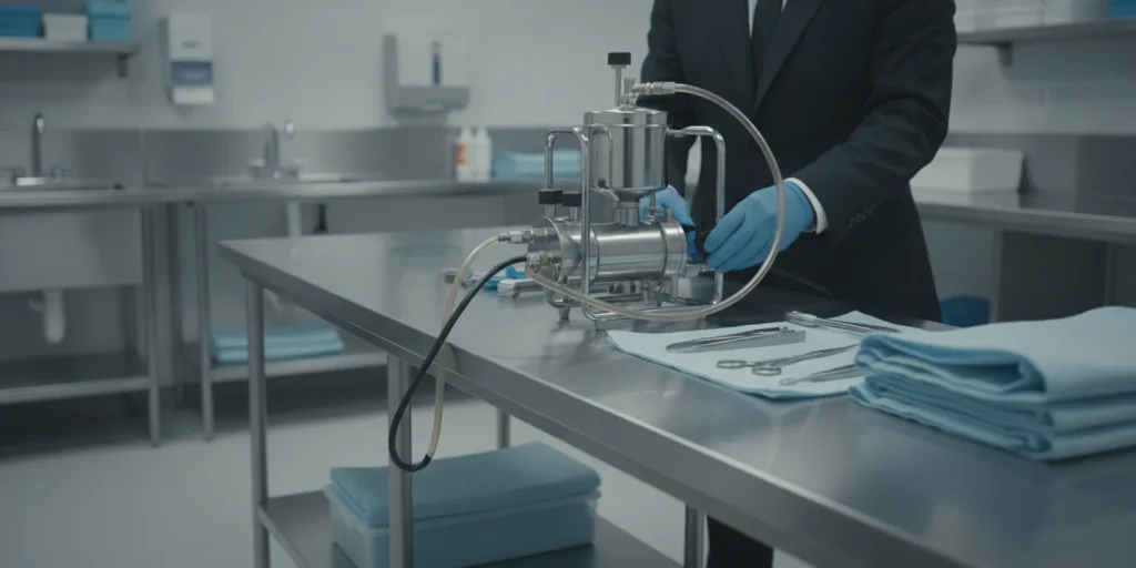 Funeral professional reviewing an embalming pump and preparation-room equipment