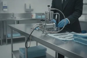 Funeral professional reviewing an embalming pump and preparation-room equipment