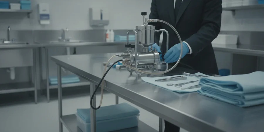 Funeral professional reviewing an embalming pump and preparation-room equipment