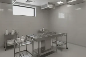 Professional funeral home preparation room with integrated ventilation equipment
