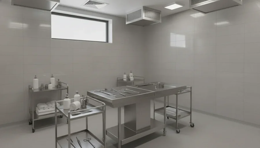 Professional funeral home preparation room with integrated ventilation equipment