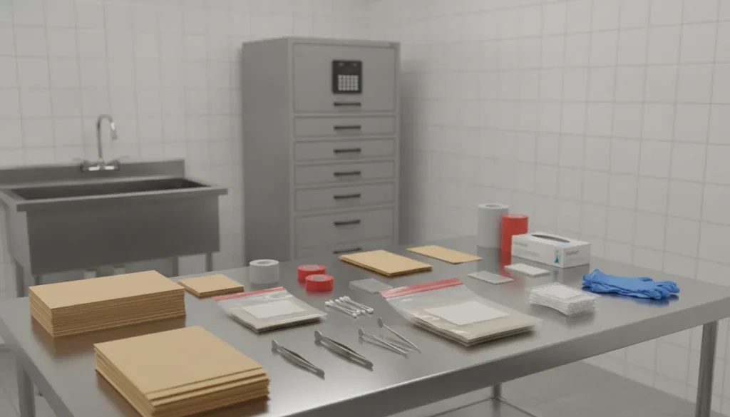 Evidence preservation supplies organized in a forensic facility