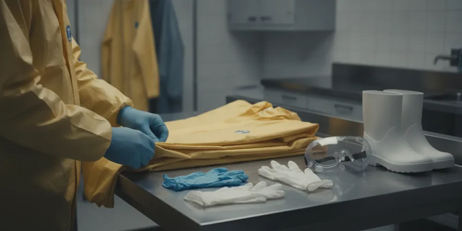 Forensic professional arranging protective equipment before entering a controlled work area