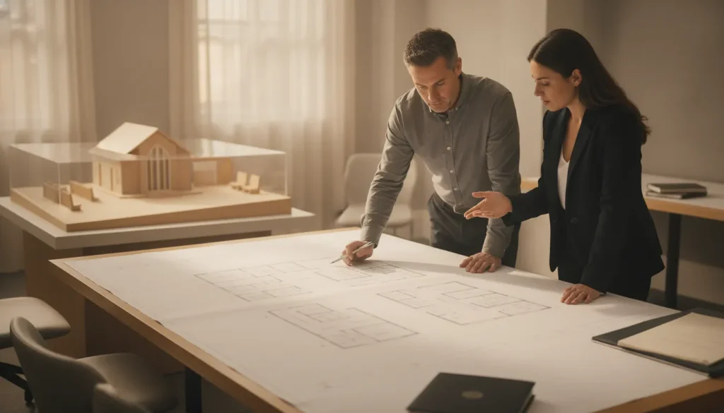 Funeral home operators reviewing facility planning options with an architect