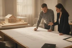 Funeral home operators reviewing facility planning options with an architect