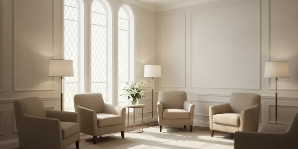 Warm, understated torchiere lamps illuminating a quiet funeral home visitation room
