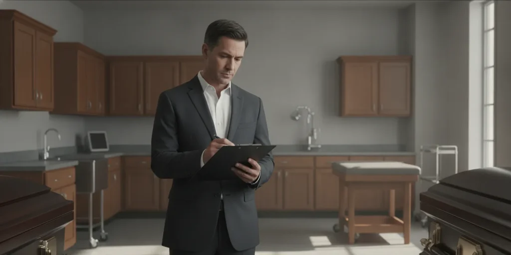 Funeral home staff member reviewing a daily safety checklist in a clean operations area