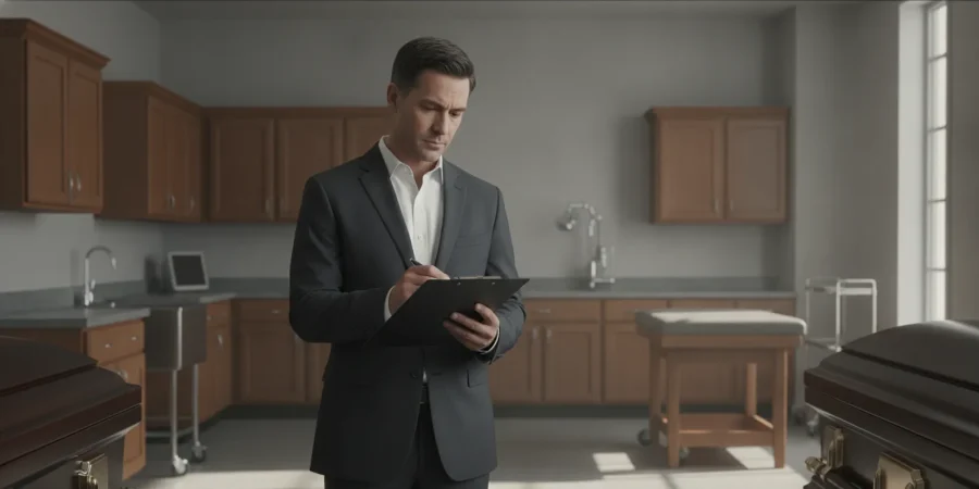Funeral home staff member reviewing a daily safety checklist in a clean operations area
