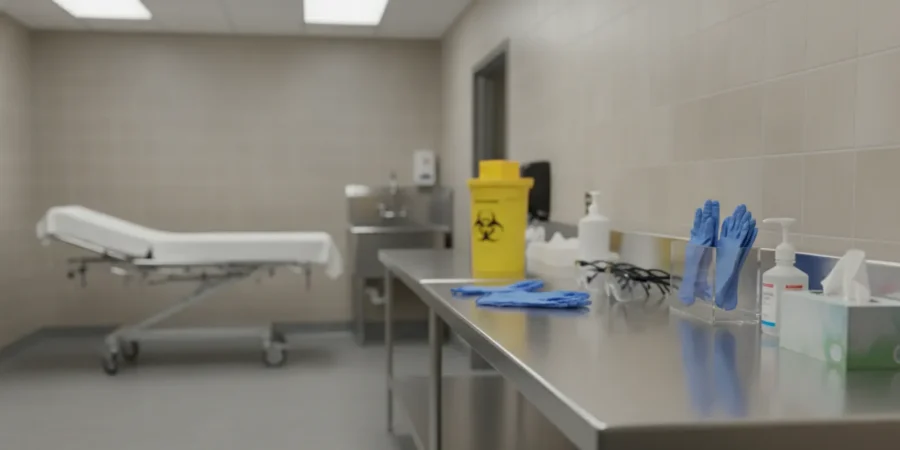 Organized safety supplies on a clean shelf in a funeral home preparation room