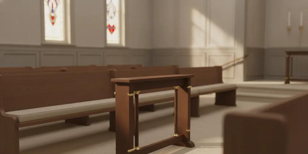 A chapel prayer rail positioned near the front of a quiet funeral chapel