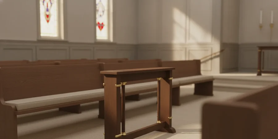 A chapel prayer rail positioned near the front of a quiet funeral chapel