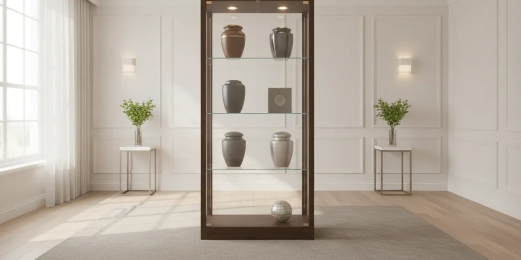 Urns arranged on a clean, well-lit display shelf in a funeral home selection room