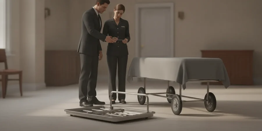 Funeral care professionals assessing a low-profile transfer sled in a clean, respectful preparation area