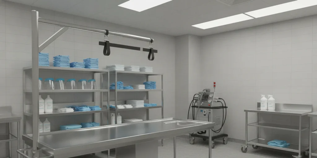 Mortuary preparation room with organized safety supplies, gloves, and handling equipment