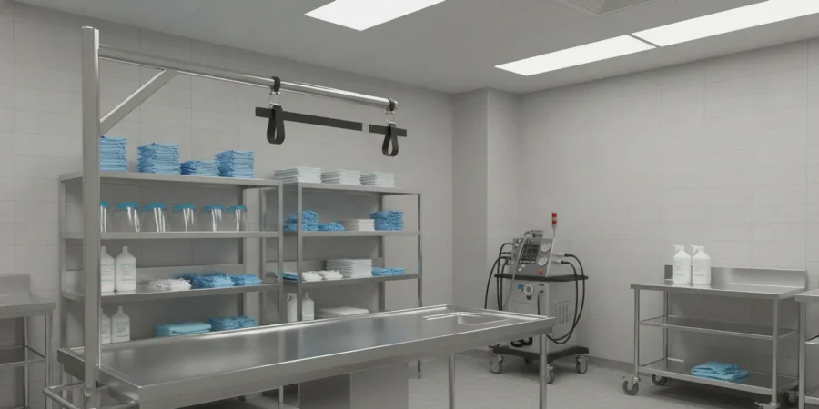 Mortuary preparation room with organized safety supplies, gloves, and handling equipment