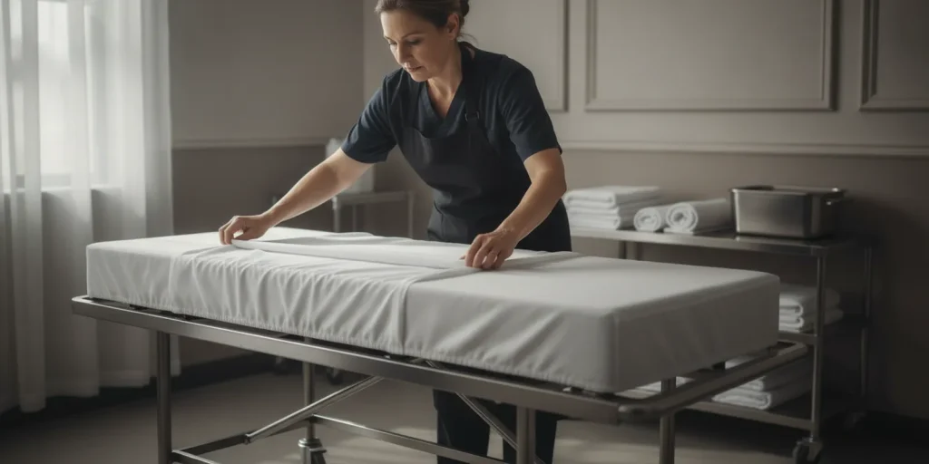 Funeral home professional checking a fitted removal cot cover in a clean preparation area