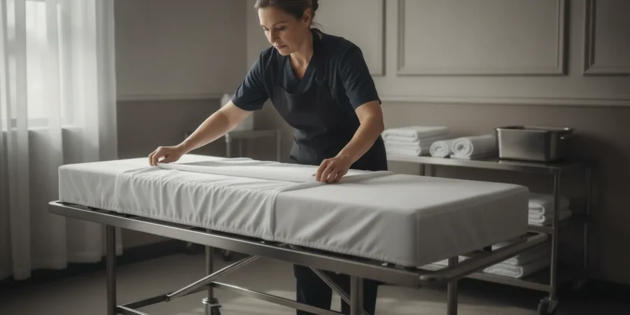 Funeral home professional checking a fitted removal cot cover in a clean preparation area