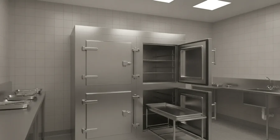 Mortuary operator positioning a transfer tray at a roll-in cooler in a clean preparation room