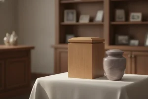 Oak hardwood memorial urn with a satin finish on a linen cloth in a funeral home selection room