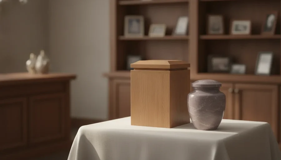 Oak hardwood memorial urn with a satin finish on a linen cloth in a funeral home selection room
