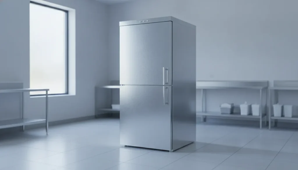 Tall stainless upright cooler cabinet in a clean funeral preparation room