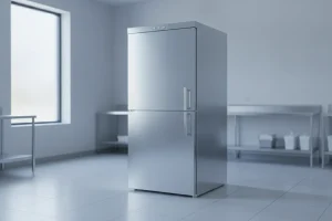 Tall stainless upright cooler cabinet in a clean funeral preparation room